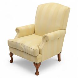 Wesley-Barrell - Georgian design traditional shaped armchair with rolled arms, sprung back and loose seat cushion upholstered in beige striped fabric with gold piping, raised on cabriole supports with ball and claw feet