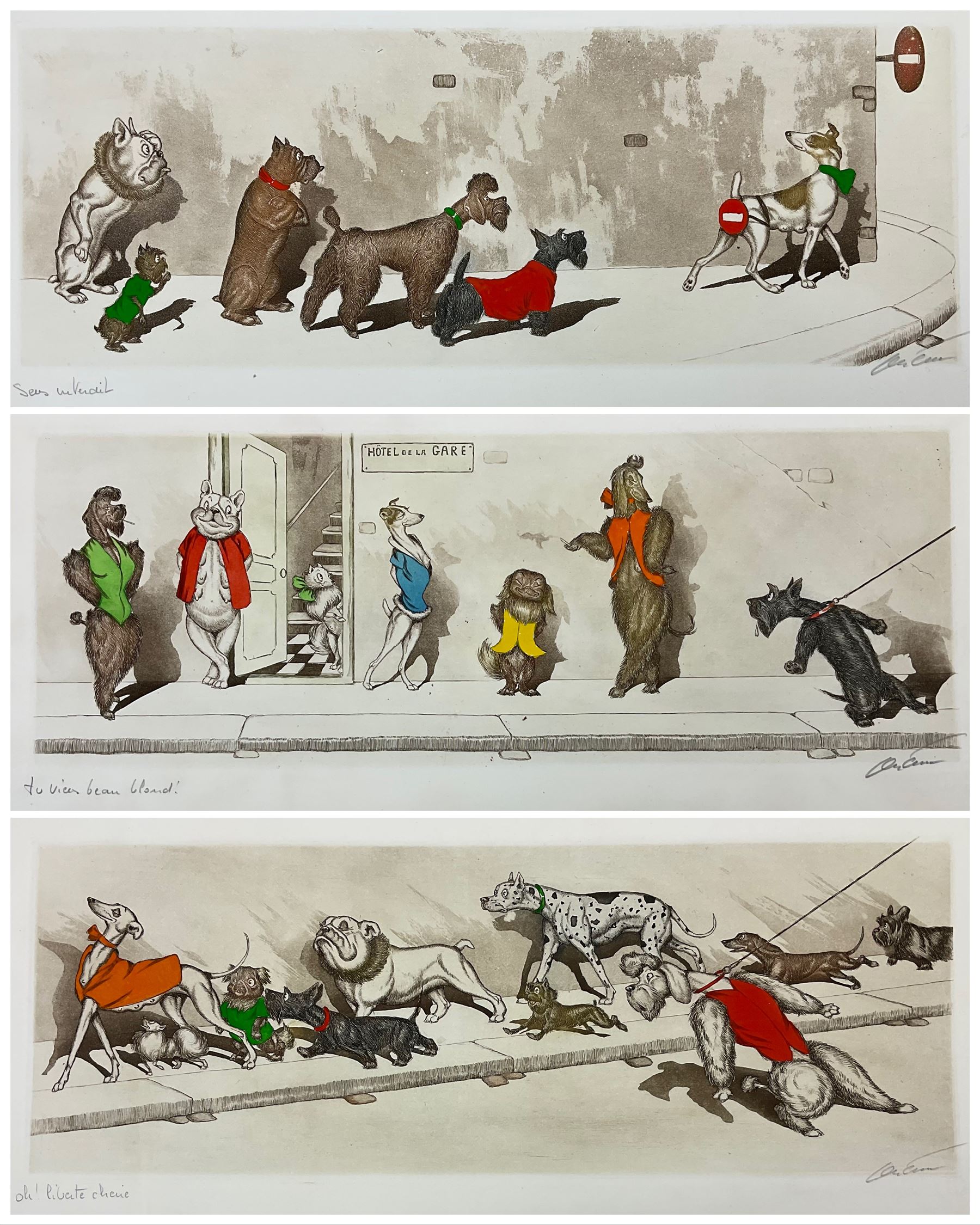 Arthur 'Boris' Klein (French  1893-1985): 'Eternels Enemies' 'Le Profanateur' 'Tu Viens Beau Blond' 'Sans Interdit' and 'O' Liberte', five etchings with hand colouring (and one duplicate) signed and titled in pencil from the 'Dirty Dogs of Paris' series 16cm x 44cm (6) (unframed)