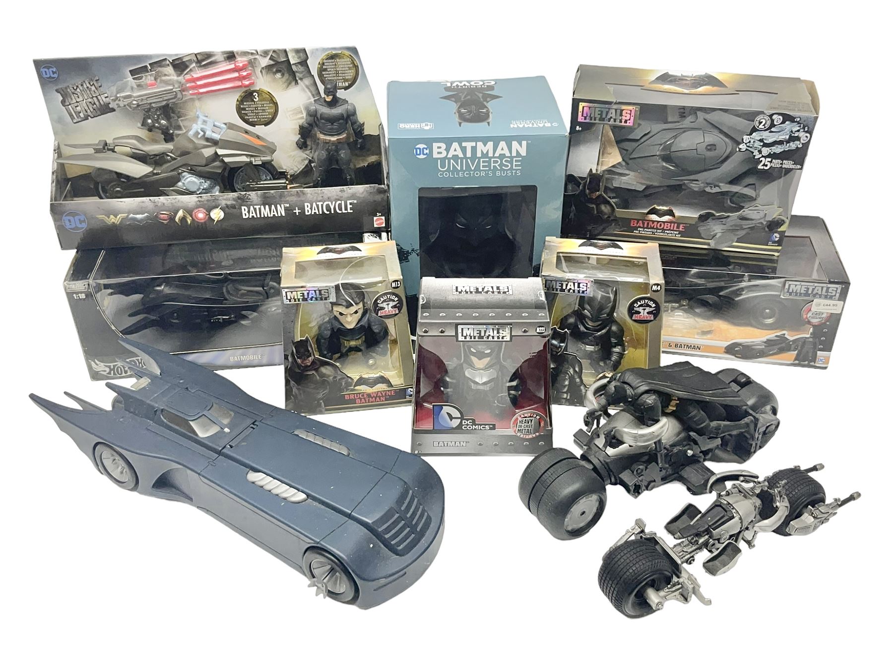 Eaglemoss Batman Universe Collector’s Bust ‘Rebirth Cowl’ with ten further Batman boxed and loose vehicles, figures and collectables to include Metals Die-Cast, Mattel, Hot Wheels etc, in two boxes