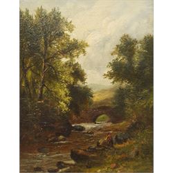 English School (19th century): Angler by the Packhorse Bridge, oil on canvas unsigned 25cm x 19cm