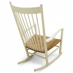 Hans J. Wegner (Danish: 1914-2007) - 'J16' beech framed rocking chair, stamped 'FDB Møbler Made in Denmark', rush seat out swept arms with a gently curved rockers