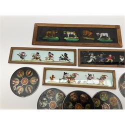 Three early 19th century wood framed glass panoramic magic lantern slides, hand-painted with comical figures including Punch L27cm, a similar slide painted with African animals L36cm, together with five 19th century Ernst Plank Germany circular magic lantern six-image story slides including Robinson Crusoe, Cinderella, Sleeping Beauty, Little Red Riding Hood etc D11cm (9)