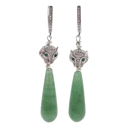 Pair of jade panther design pendant earrings, with silver hooks, stamped 925