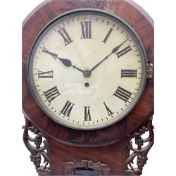 English - 19th century 8-day Fusee wall clock in a mahogany case, with a plain veneered dial surround, carved ear pieces and pendulum viewing glass with a curved base and pendulum regulation door, 12