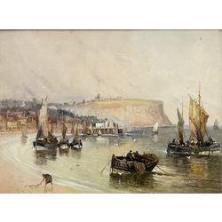 Walter Linsley Meegan (British c1860-1944): Scarborough South Bay, fishing boats at first light, oil on board signed 28cm x 37cms