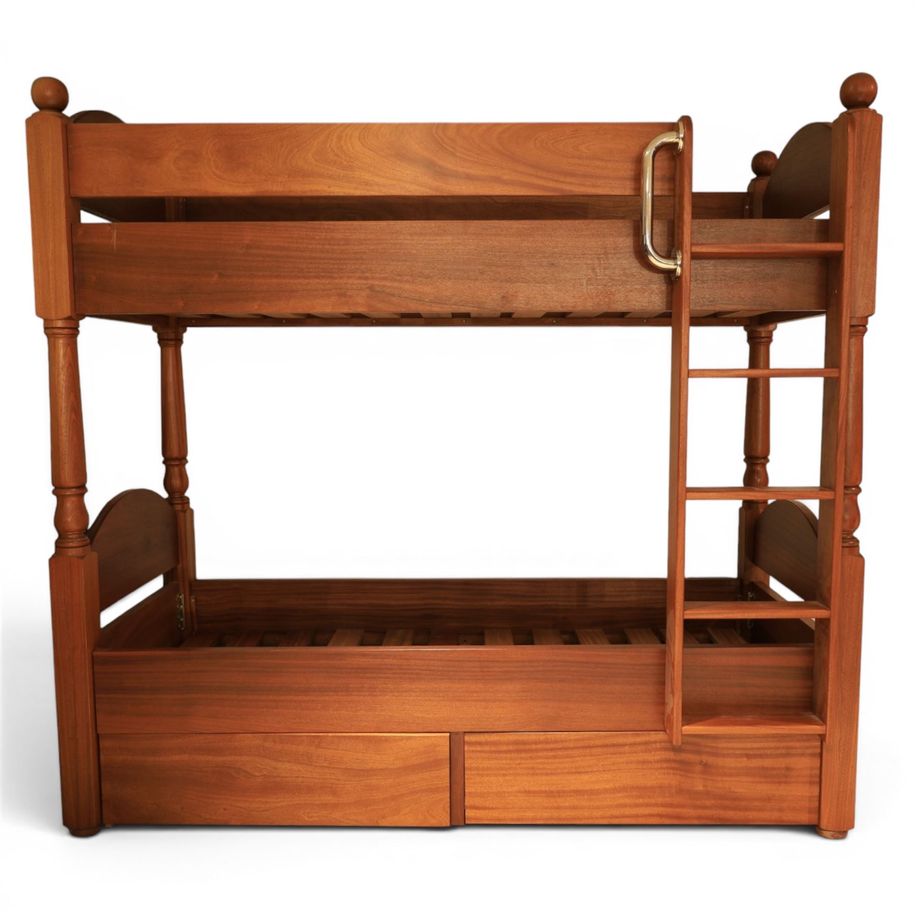 Modern cherrywood single bunk beds, with ball finials, curved headboard and footboard, ladder and chrome hand rail, raised on turned supports, with two base drawers