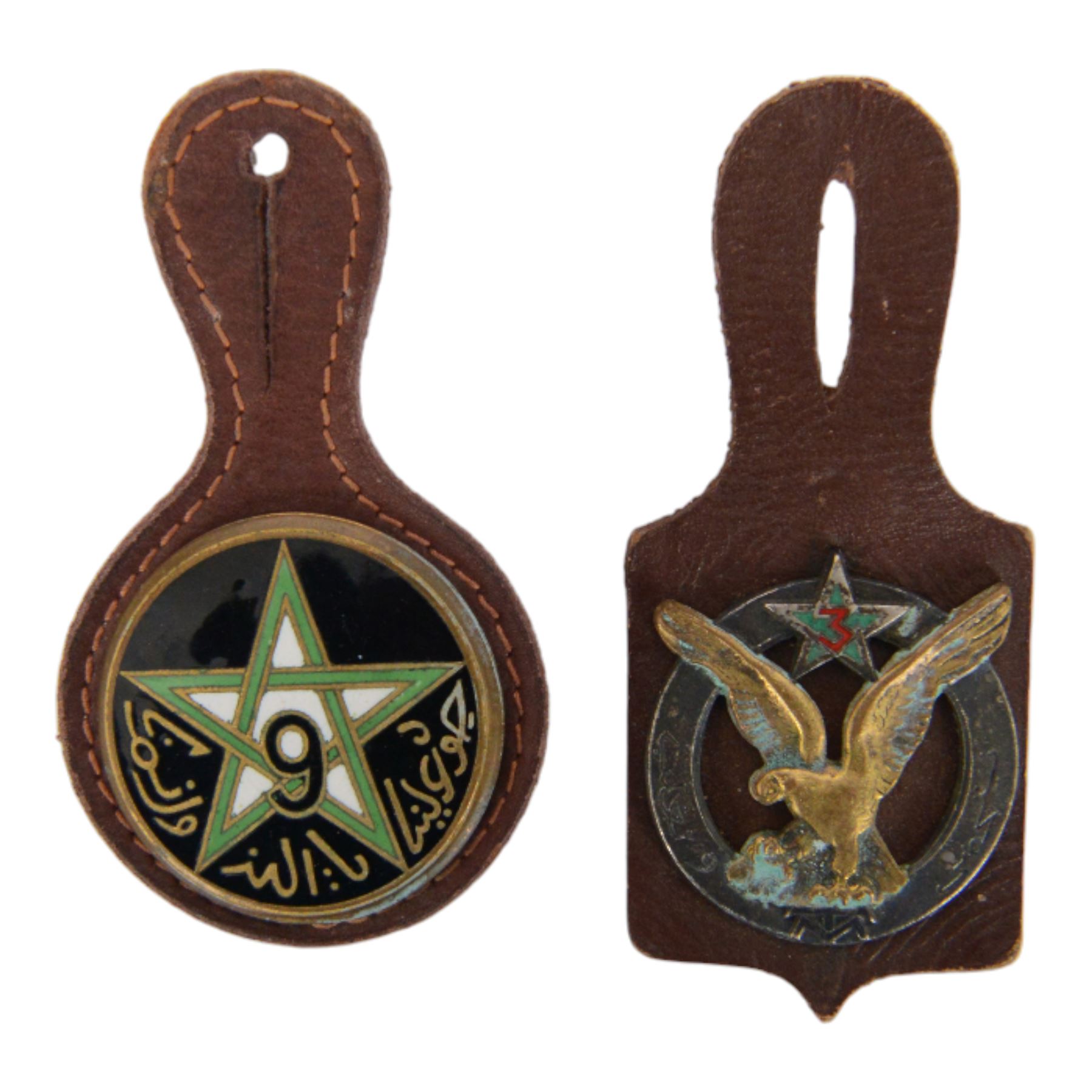 Eight French military badges on fobs from 1939 onwards, including Commandos, Infantry, Tirailleurs, Chasseurs etc