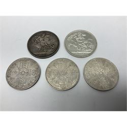 Two Queen Victoria 1887 crown coins and three 1887 double florin coins (5)