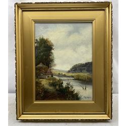 CW Oswald (British 19th Century): Thatched Cottage Beside a Stream, oil on canvas signed 38cm x 27cm 