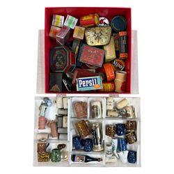Vintage German miniature advertising tins and packaging, together with other miniature pac...