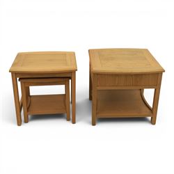 Contemporary light oak nest of two tables, and a contemporary light oak side table, fitted with single drawer
