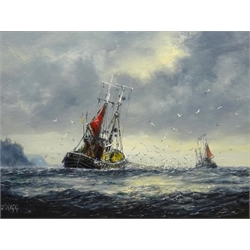 Jack Rigg (British 1927-): 'The Fishermen' - Trawlers off Whitby, oil on board signed, titled and signed verso 30cm x 40cm  

