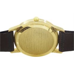 Omega gentleman's 9ct gold automatic wristwatch, silvered dial with baton hour markers and date aperture, on Omega brown leather strap, with Omega gold-plated buckle, boxed