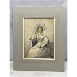 English School (19th century): Lady on a Settee, watercolour and pencil unsigned 29cm x 21cm