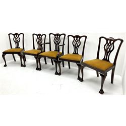 Set five (4+1) Georgian style mahogany framed dining chairs, upholstered drop in seats, cabriole legs on ball and claw feet