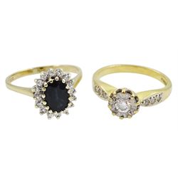 18ct gold illusion set single stone diamond ring, with diamond set shoulders, total diamond weight 0.20 carat and a 9ct gold sapphire diamond cluster ring, both hallmarked