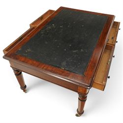 Mid Victorian four drawer mahogany partners' writing table, with leather inset top with moulded edge, with two frieze drawers to either side, on turned supports terminating in castors