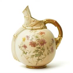 Victorian Royal Worcester ornamental ewer with gilded handle painted with floral sprays on...
