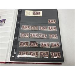 King George V Silver Jubilee stamps 1910-1935 including Bermuda marginal mint block of four, Virgin Islands marginal mint blocks of four including variations/errors, other similar blocks of four etc, various Royal Silver Wedding 1948 stamps, King George VI Victory 8th June 1946, Queen Elizabeth II Coronation etc, housed in a stockbook