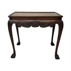 Late 19th to early 20th century mahogany side table, rectangular top with applied raised moulding, curved upper rails carved with C-scroll cartouches and extending curled leaves, bellflower carved cabriole supports with ball and claw feet 