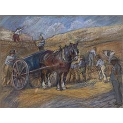 English School (Early 20th century): Workmen with Horse and Cart Quarrying Stone, pastel and charcoal unsigned 23cm x 31cm
