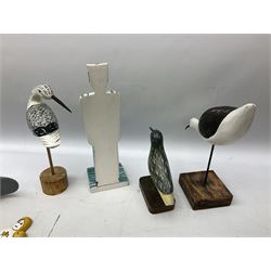  Nautical Items, to include a carved wooden seagull on a plinth, by Country Corner, three other carved wooden birds, wooden mermaid etc