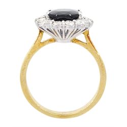 18ct gold oval cut sapphire and round brilliant cut diamond cluster ring, sapphire approx 3.30 carat, total diamond weight approx 0.85 carat