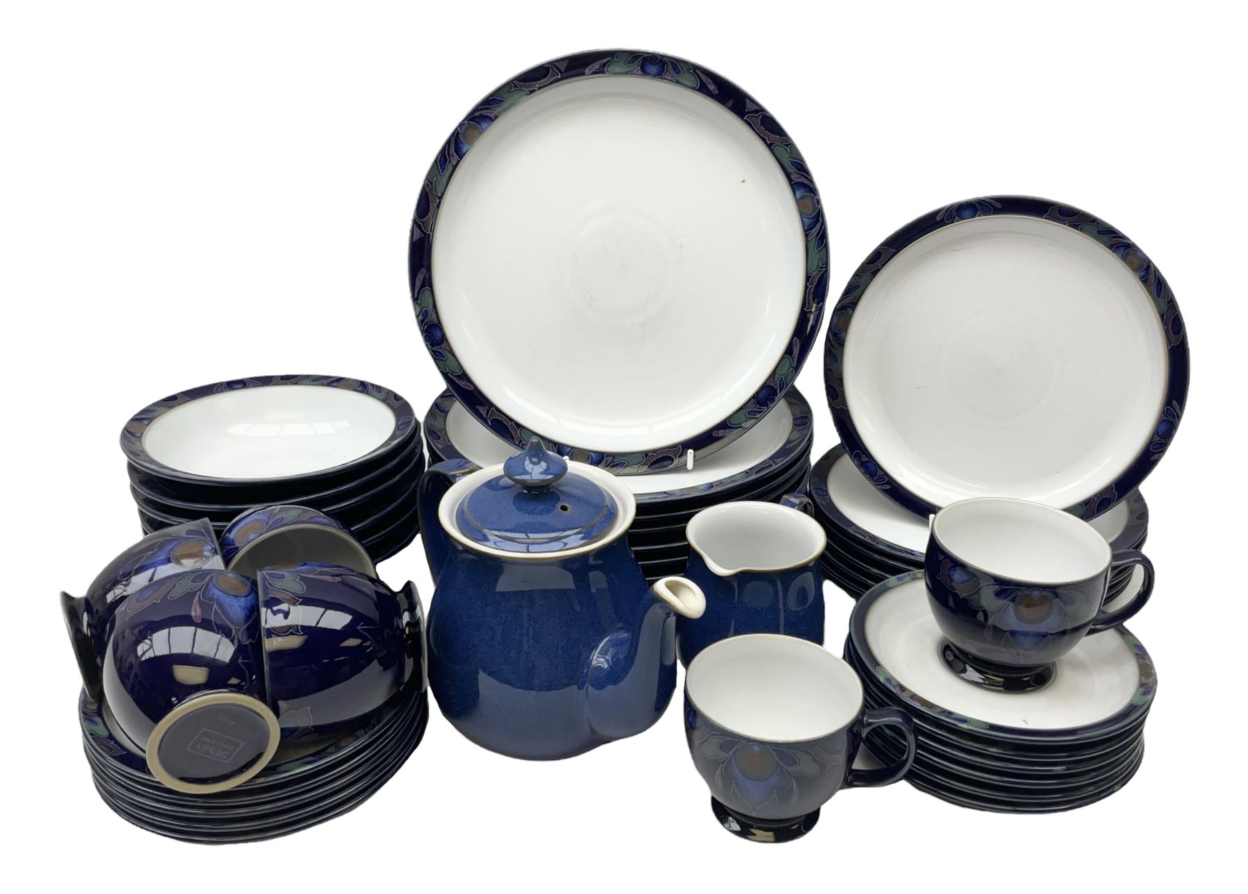 Denby Baroque pattern part tea and dinner service, comprising nine dinner plates, six side plates, six bowls five dessert plates, six cups and saucers, together with a Denby teapot and jug in Imperial blue pattern