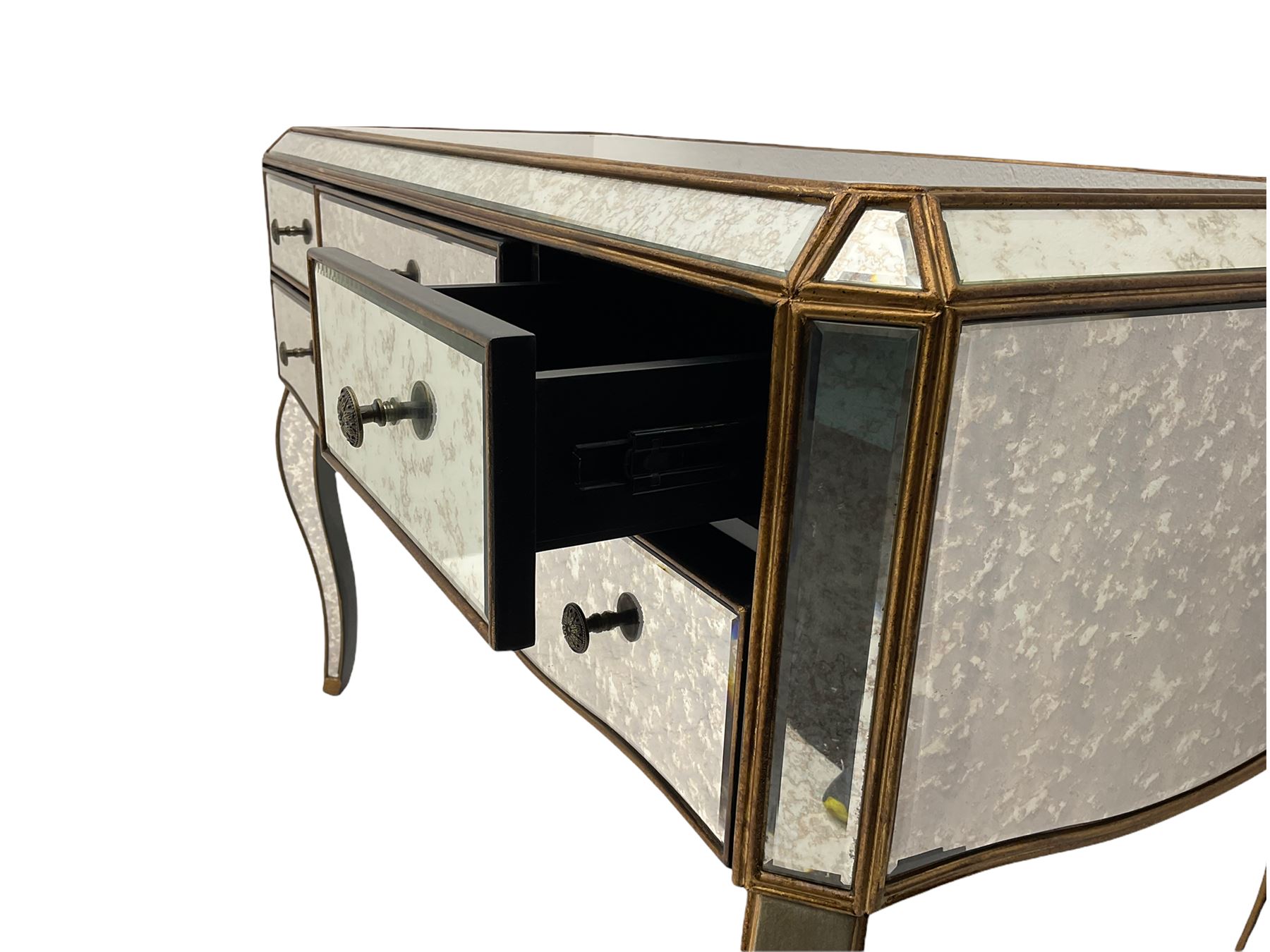Contemporary mirrored dressing table, bevelled and antique style plates, fitted with five drawers, on cabriole supports 