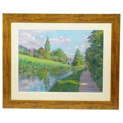 John Mackie (Scottish 1953-): A Spring Walk by the Riverside, pastel signed and dated 2013, 58cm x 79cm