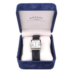 Rotary Revelation reversible night and day gentleman's stainless steel quartz wristwatch, silvered dial with Roman numerals, reversing to a second black dial with baton hour markers, both with subsidiary seconds dials, on original black leather strap, with fold-over clasp, boxed with guarantee dated 2008