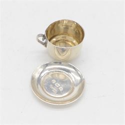 Edwardian miniature silver tea service, comprising tray, coffee pot, tea pot, milk and sugar bowl, all with engraved decoration, hallmarked J & J Maxfield Ltd, Sheffield 1903, together with a pair of miniature silver cups and saucers, hallmarked Cornelius Desormeaux Saunders & James Francis Hollings (Frank) Shepherd, Birmingham 1904, coffee pot H5cm