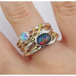 Silver and 14ct gold wire opal ring, stamped 925