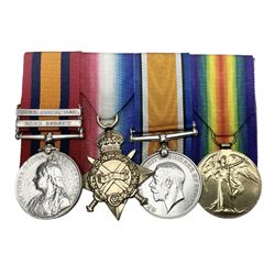 Boer War/WW1 group of four medals comprising Queens South Africa Medal with two clasps for South Africa 1902 and Cape Colony awarded to 6278 Pte. W. Boatman Essex Regt.; together with British War Medal, 1914-15 Star and Victory Medal awarded to 10849 Pte. W. Boatman G. Gds.; all with ribbons and mounted for display on card; some photocopied biographical information.