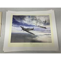 Collection of twenty-one unframed and seven framed prints of predominantly aviation interest after David Pritchard, Brian Petch, Stephen Teasdale, Barry Price, Coulson, Wardle etc; depicting Spitfires, Hurricanes etc; some limited editions with certificates and many bearing multiple signatures on the mount