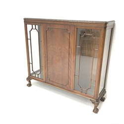 20th century mahogany bookcase display cabinet, two glazed doors flanking central cupboard, cabriole feet, W125cm, H114cm, D36cm