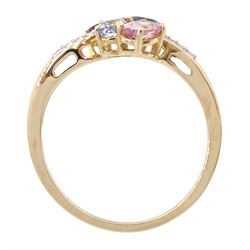 Gold five stone rainbow sapphire ring, with white zircon set shoulders, hallmarked 9ct