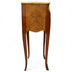 Pair of Louis XV style kingwood and marquetry bedside cabinets, the serpentine sienna marble top above two bombe fronted drawers with rococo style bronze handles and masks on slender cabriole legs terminating in bronze sabots  