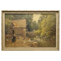 Circle of Frederic Stuart Richardson (Staithes Group 1855-1934): Feeding Chickens at the Old Mill, oil on canvas unsigned 49cm x 75cm