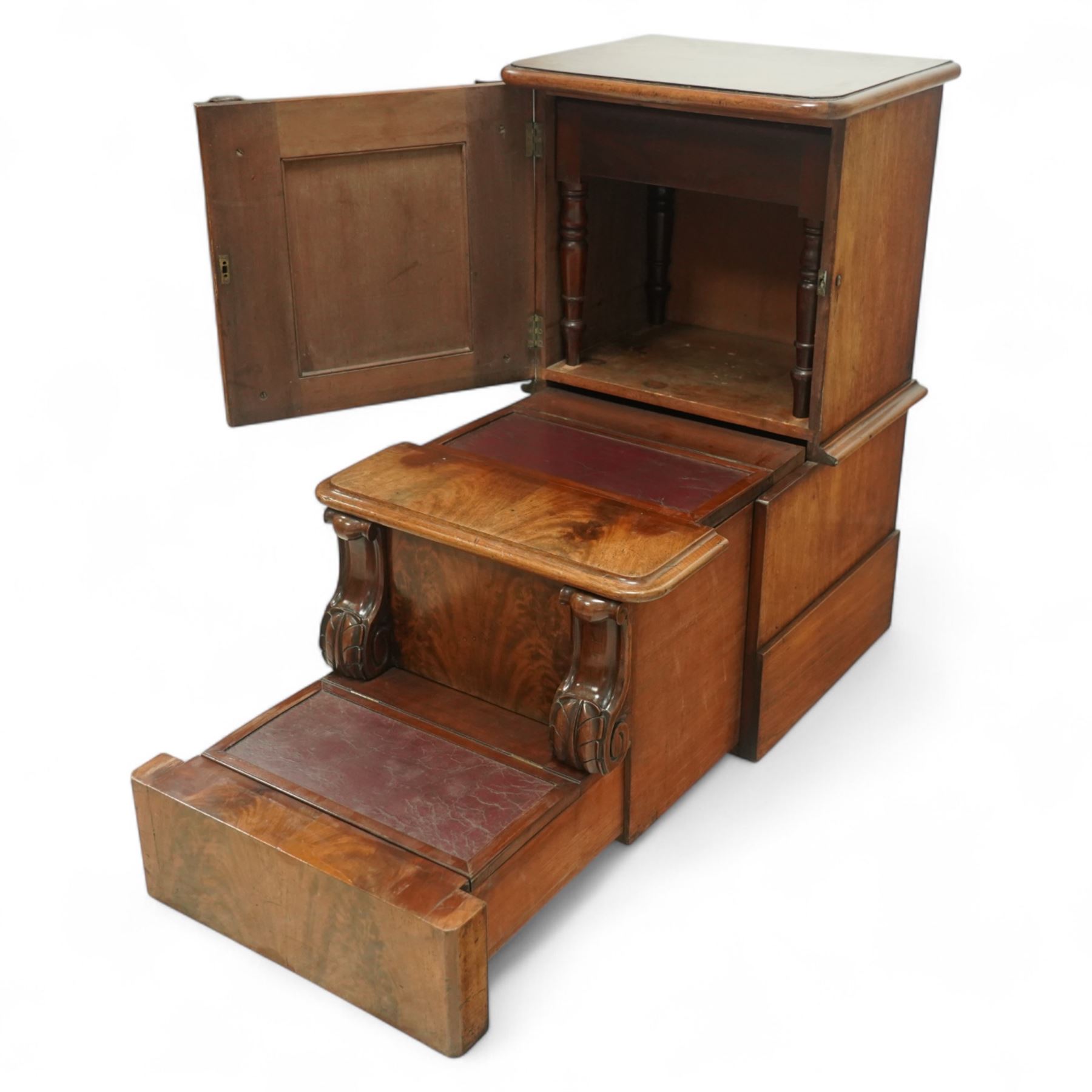 Victorian figured mahogany commode with enclosed bidet, upper cupboard with barley twist supports above sliding and hinged seat elements with leather panels, on plain plinth base