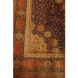  Persian Meshed design blue ground rug, large central rosette medallion, interlacing trailing foliage field, repeating border, quarter rosette spandrels, 318cm x 275cm   