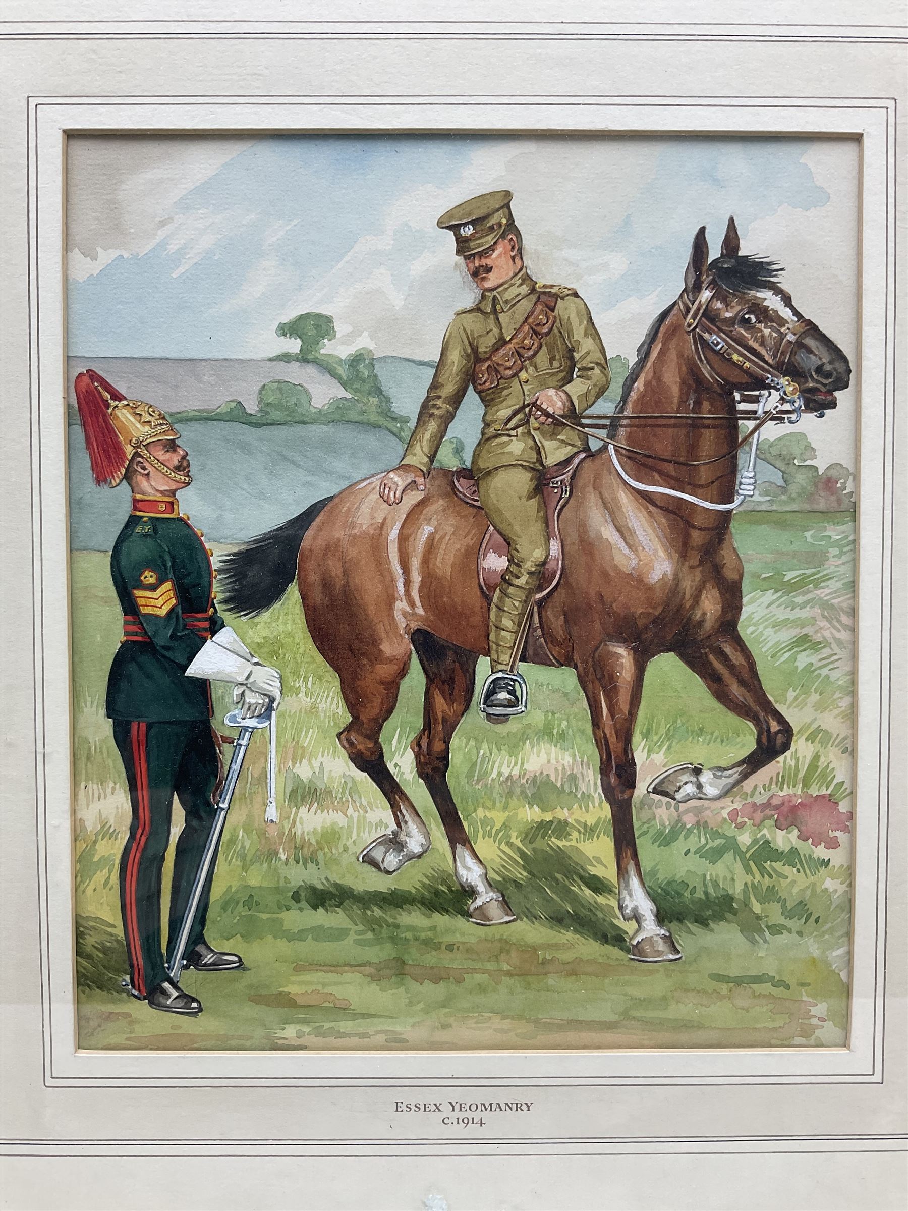 Set of three watercolours of military interest - Northumberland Yeomanry Hussars c1910, Shropshire Yeomanry Sergeant and Private c1914 and Essex Yeomanry c1914, each titled on mount 26 x 22cm, mahogany stained frames (3)