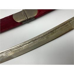 Late Victorian British Military gymnasium practice sword with 85.5cm fullered blunt pointed narrow straight blade, pierced bowl guard and chequered wooden grip L103cm overall; Leon Paul fencing foil with shaped grip and touche wiring; and two reproduction Indian tulwar swords with scabbards (4)