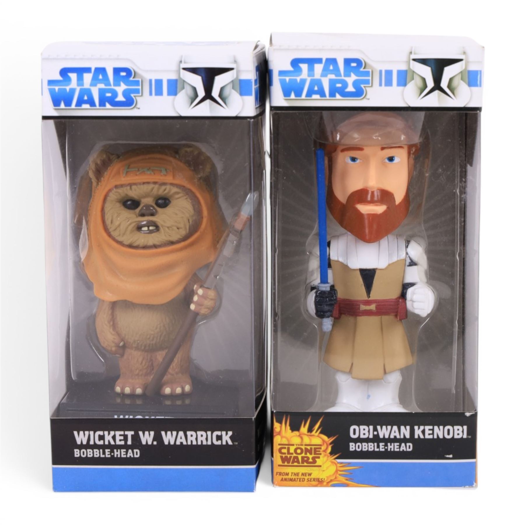 Five bobble-heads, comprising two Cards Inc Pirates of the Caribbean examples Sea Pirate and Will Turner, Two Funko Star Wars examples Wicket W Warrick and Obi-Wan Kenobi and a Cards Inc Characters Hulk example, all boxed