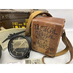 Bakelite cased Megger Insulation tester, by Evershed and Vignoles Ltd, Acton Lane Works, Chiswick, London W4, RW Munro Ltd air speed knots gauge, American green army helmet, The War Illustrated, WW2 aircraft photographic postcards, etc