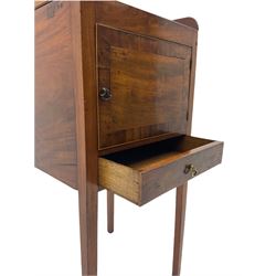 Early 19th century mahogany bedside pot cupboard, raised gallery back, enclosed by single door with band above single drawer, square supports