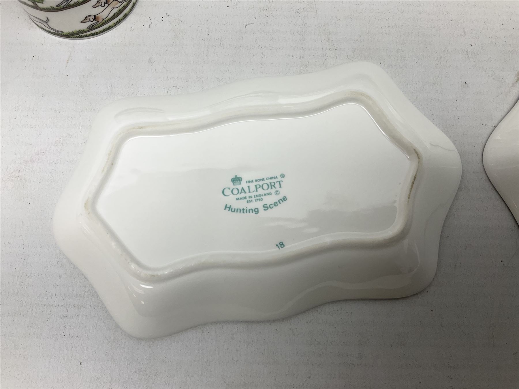 Nine pieces of Coalport and Crown Staffordshire Hunting Scene porcelain including three-piece condiment set, pair of pin dishes, bowl, vase etc