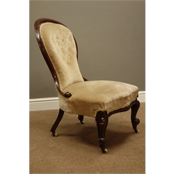  Victorian spoon back nursing chair, serpentine seat, on scrolled feet with castors   