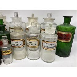 Collection of assorted pharmaceutical and chemist bottles to include green glass examples, Chloryl Anaesthetic glass canisters, various other sizes and colours, some pharmaceutical labels