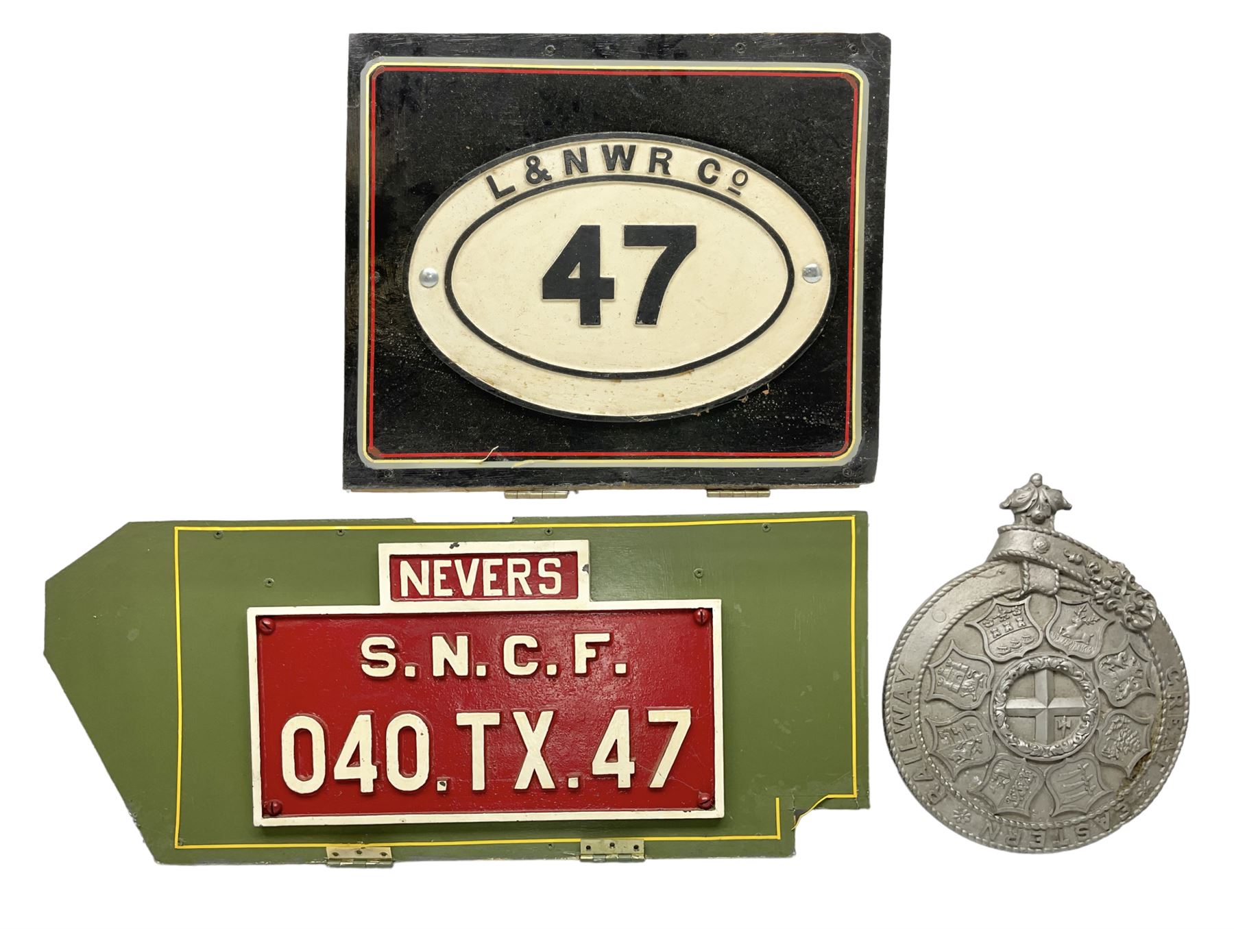 Railway Interest; Cast iron LNWR railway bridge plate, together with cast iron sign ' Nevers S.N.C.F 040.TX.47' and reproduction Great Eastern Railway cast metal wall plaque